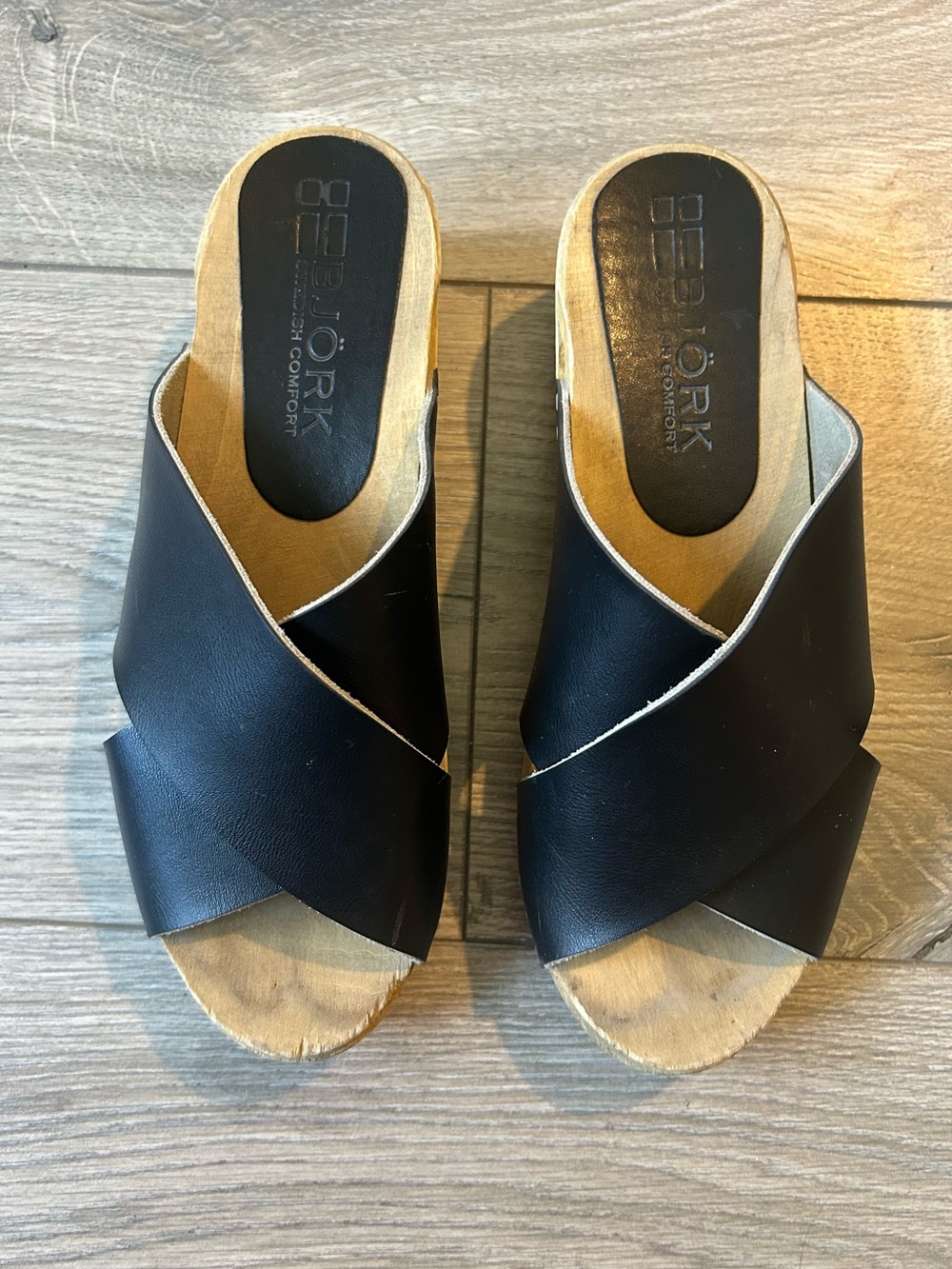 BJORK RIKKE Swedish Wooden Slides Crisscross Black Leather Clogs Shoes Size 6.5